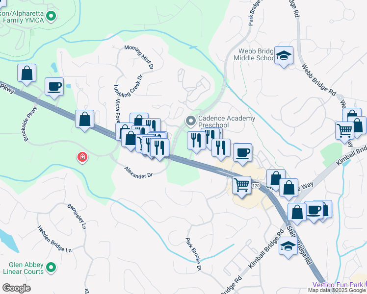 map of restaurants, bars, coffee shops, grocery stores, and more near 4100 Old Milton Parkway in Alpharetta