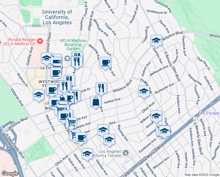 map of restaurants, bars, coffee shops, grocery stores, and more near 10701 Wilshire Boulevard in Los Angeles
