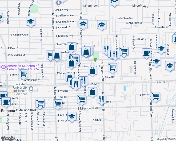 map of restaurants, bars, coffee shops, grocery stores, and more near 786 East Monterey Avenue in Pomona