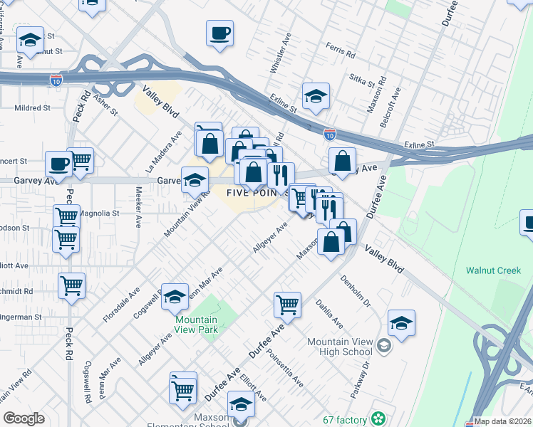 map of restaurants, bars, coffee shops, grocery stores, and more near 2941 Allgeyer Avenue in El Monte