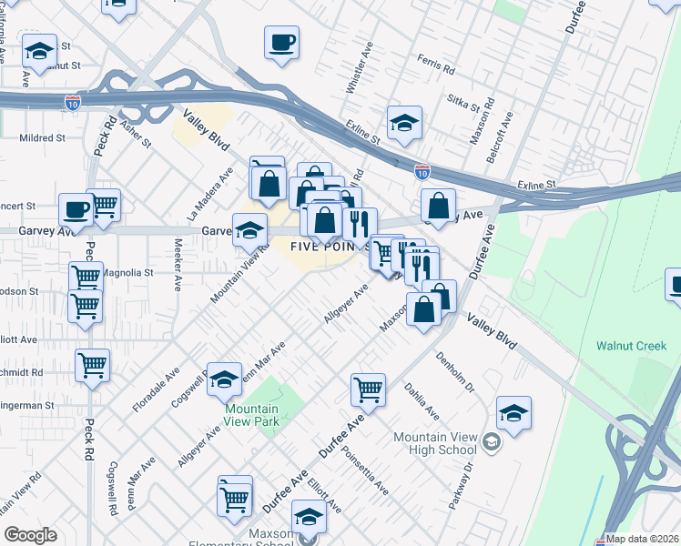 map of restaurants, bars, coffee shops, grocery stores, and more near 2941 Allgeyer Avenue in El Monte