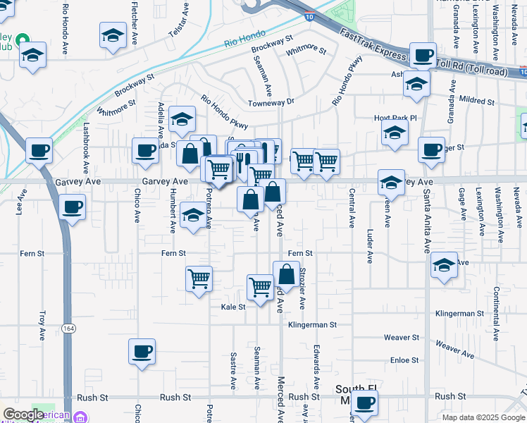 map of restaurants, bars, coffee shops, grocery stores, and more near 2645 Seaman Avenue in El Monte