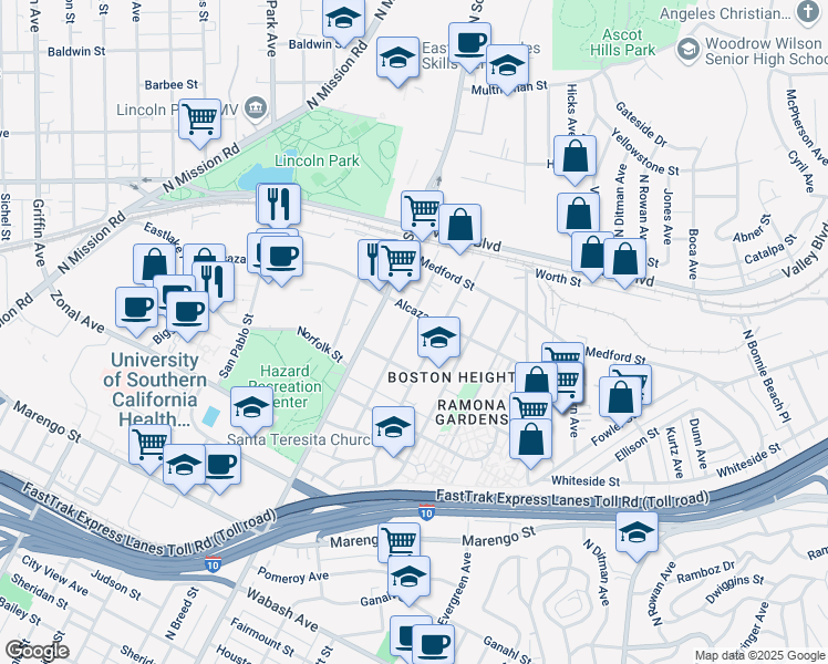 map of restaurants, bars, coffee shops, grocery stores, and more near 1525 Tremont Street in Los Angeles