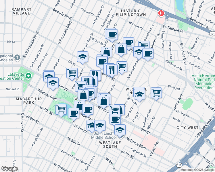 map of restaurants, bars, coffee shops, grocery stores, and more near 243 South Westlake Avenue in Los Angeles