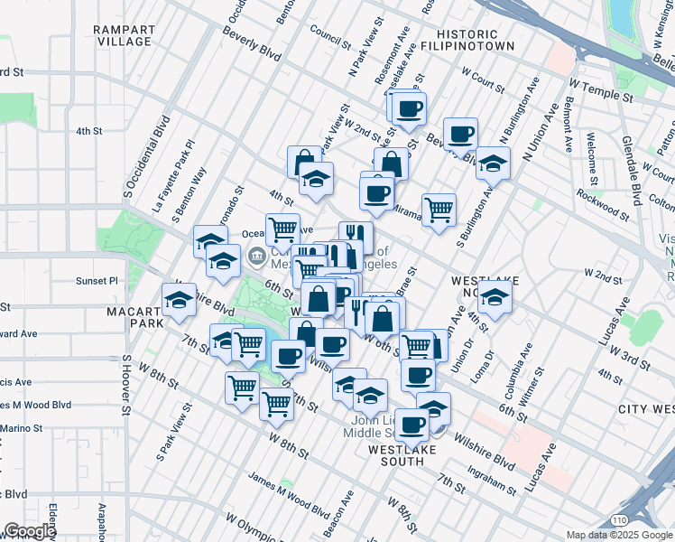 map of restaurants, bars, coffee shops, grocery stores, and more near 415 South Westlake Avenue in Los Angeles