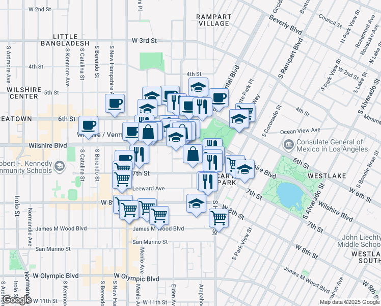 map of restaurants, bars, coffee shops, grocery stores, and more near 2900 Sunset Place in Los Angeles