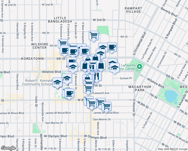map of restaurants, bars, coffee shops, grocery stores, and more near 3055 7th Street in Los Angeles