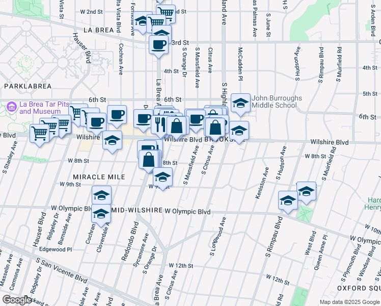 map of restaurants, bars, coffee shops, grocery stores, and more near 750 South Mansfield Avenue in Los Angeles