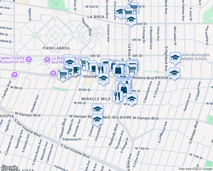 map of restaurants, bars, coffee shops, grocery stores, and more near 803 South Cloverdale Avenue in Los Angeles