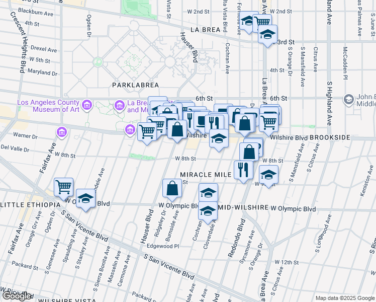 map of restaurants, bars, coffee shops, grocery stores, and more near 800 South Burnside Avenue in Los Angeles