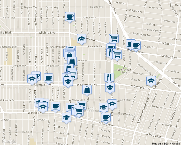map of restaurants, bars, coffee shops, grocery stores, and more near 910 South Bedford Street in Los Angeles