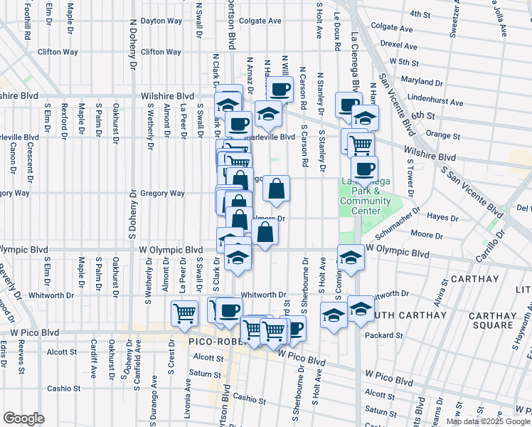 map of restaurants, bars, coffee shops, grocery stores, and more near 913 South Shenandoah Street in Los Angeles