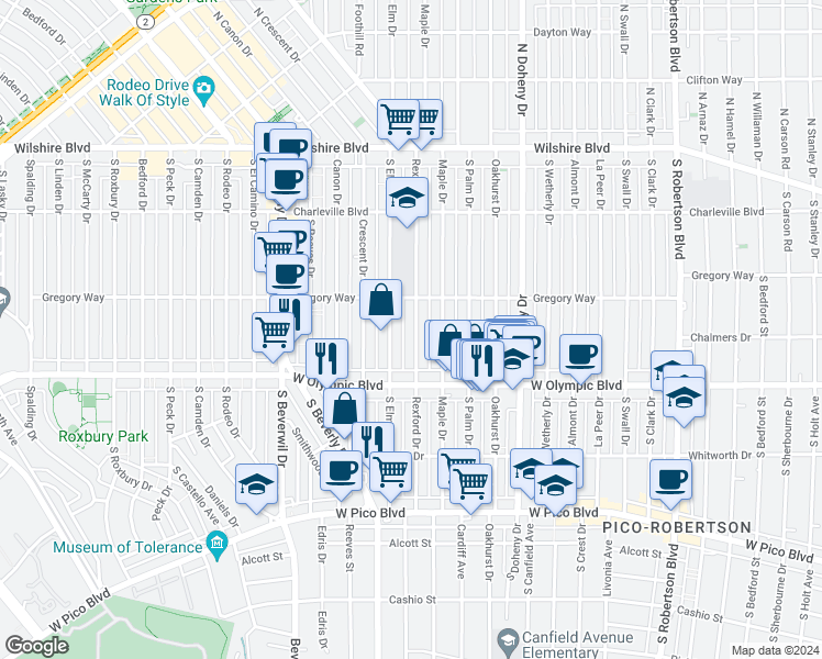 map of restaurants, bars, coffee shops, grocery stores, and more near 344 South Rexford Drive in Beverly Hills
