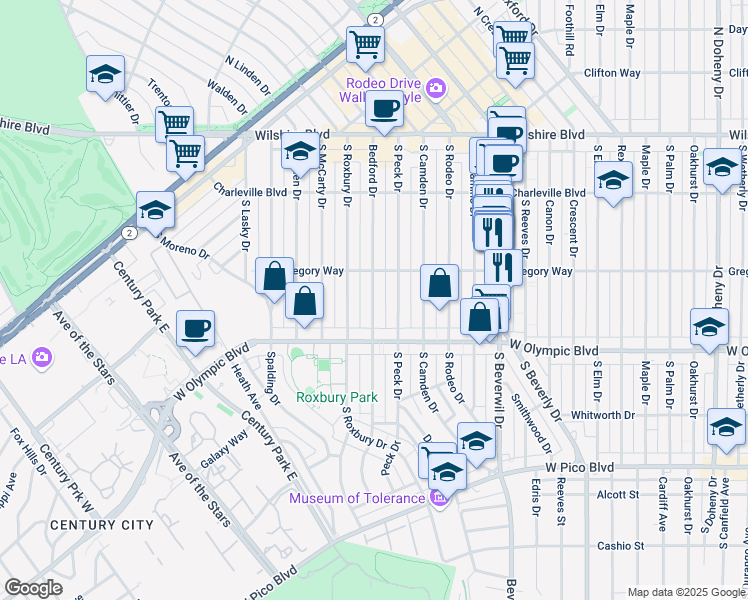 map of restaurants, bars, coffee shops, grocery stores, and more near 340 South Bedford Drive in Beverly Hills