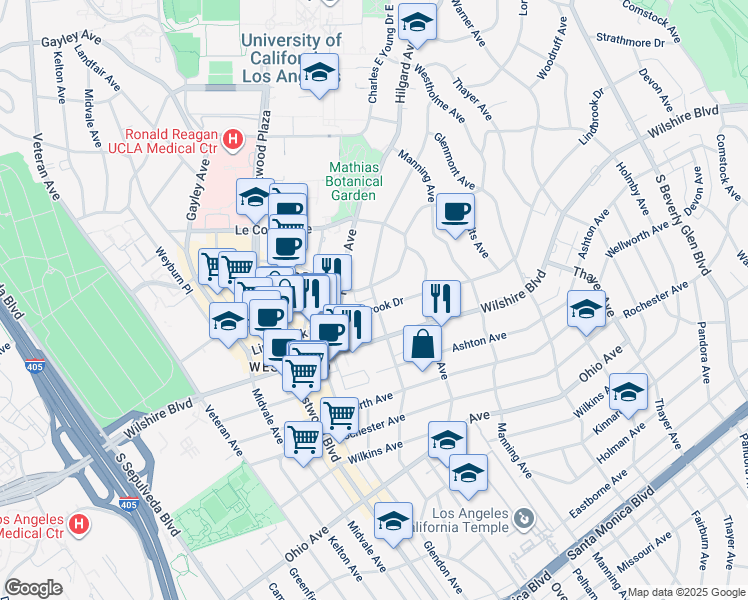 map of restaurants, bars, coffee shops, grocery stores, and more near 10800 Lindbrook Drive in Los Angeles