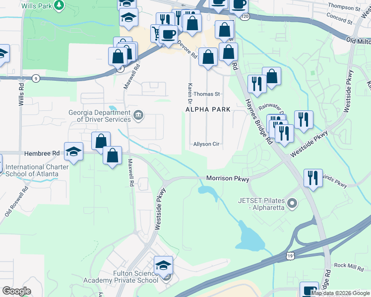 map of restaurants, bars, coffee shops, grocery stores, and more near 477 Allyson Circle in Alpharetta