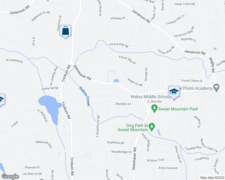 map of restaurants, bars, coffee shops, grocery stores, and more near 2422 Tall Timbers Trail in Marietta