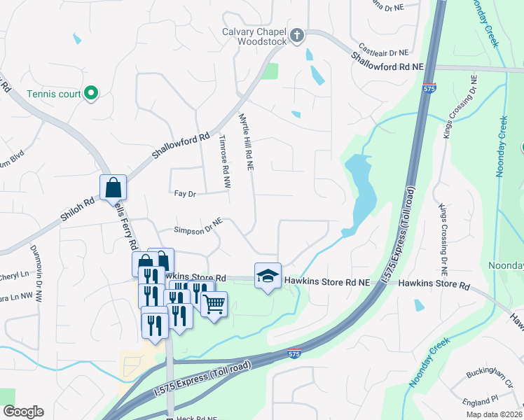map of restaurants, bars, coffee shops, grocery stores, and more near 4450 Myrtle Hill Road Northeast in Kennesaw