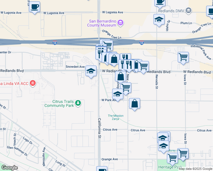 map of restaurants, bars, coffee shops, grocery stores, and more near 2061 West Redlands Boulevard in Redlands