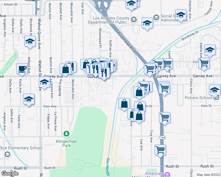 map of restaurants, bars, coffee shops, grocery stores, and more near 9048 Garvey Avenue in Rosemead