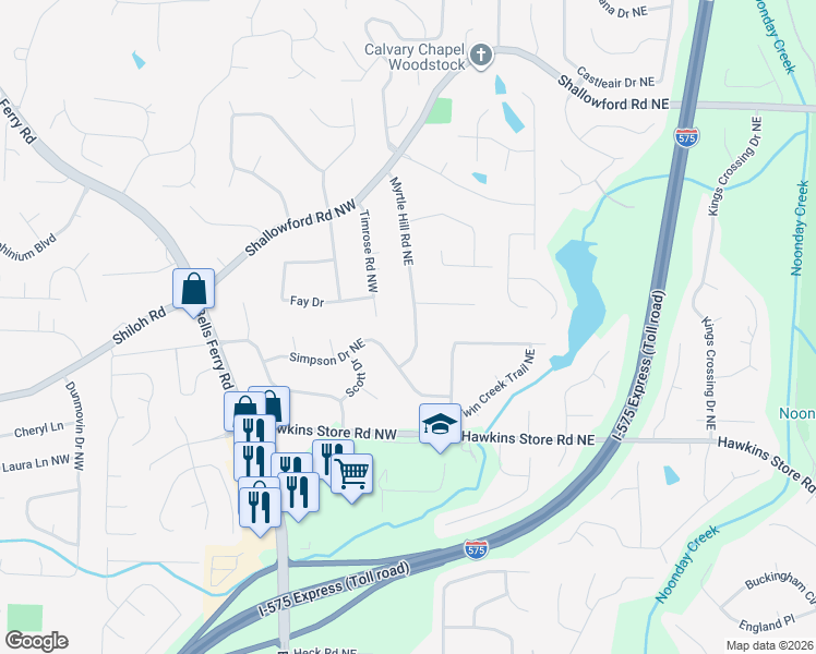 map of restaurants, bars, coffee shops, grocery stores, and more near 86 Simpson Drive Northeast in Kennesaw