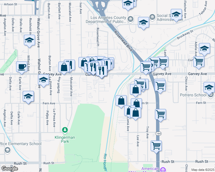 map of restaurants, bars, coffee shops, grocery stores, and more near 9048 Garvey Avenue in Rosemead