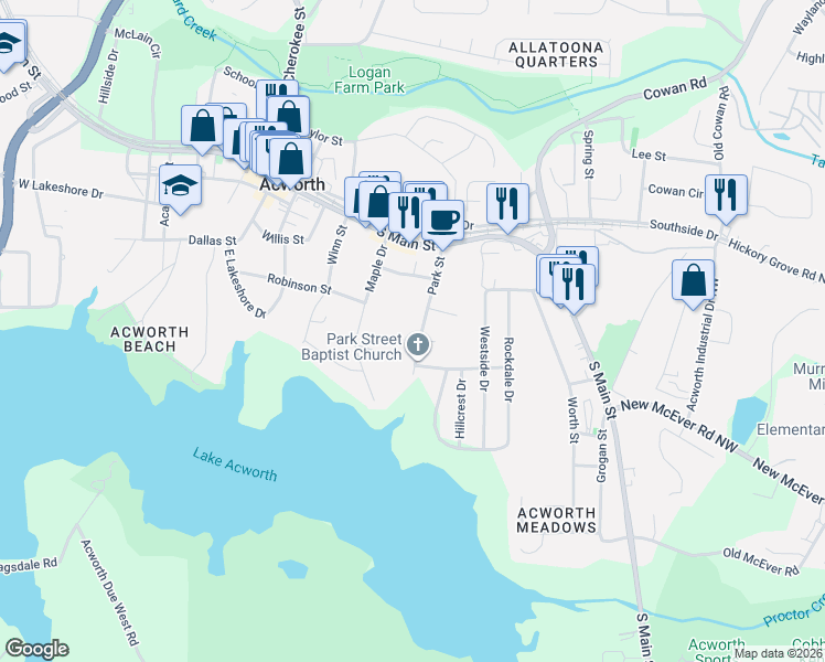 map of restaurants, bars, coffee shops, grocery stores, and more near 4354 Park Street in Acworth