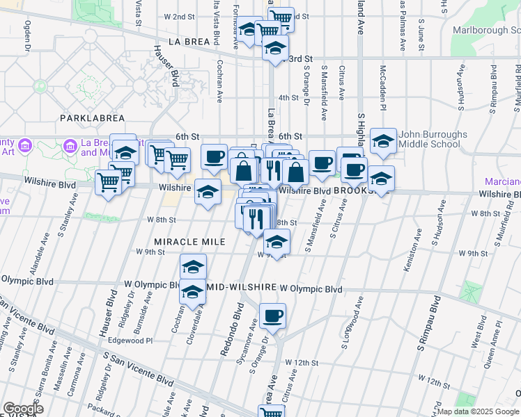 map of restaurants, bars, coffee shops, grocery stores, and more near 803 South Sycamore Avenue in Los Angeles