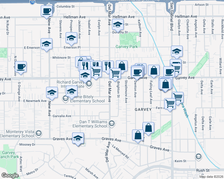 map of restaurants, bars, coffee shops, grocery stores, and more near 2730 Del Mar Avenue in Rosemead