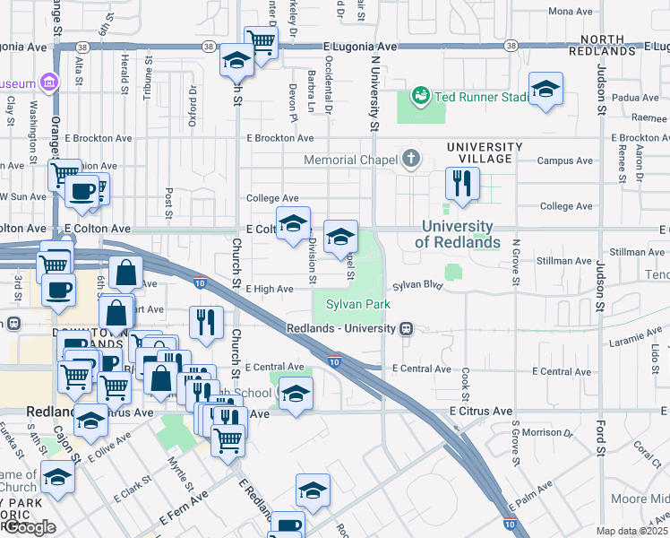 map of restaurants, bars, coffee shops, grocery stores, and more near 930 Stillman Avenue in Redlands