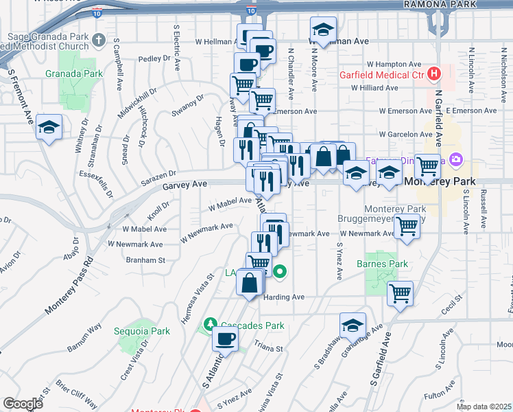 map of restaurants, bars, coffee shops, grocery stores, and more near 0 South Atlantic Boulevard in Alhambra