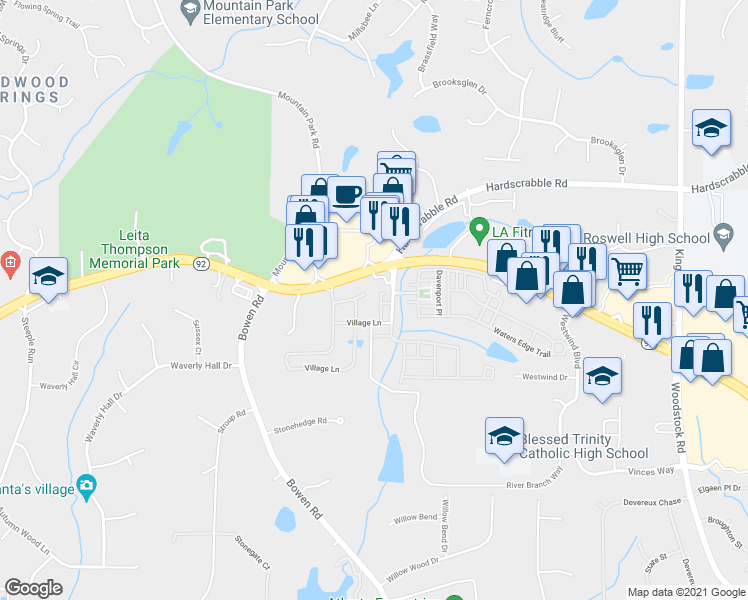 map of restaurants, bars, coffee shops, grocery stores, and more near 7304 Lowery Oak Drive in Roswell