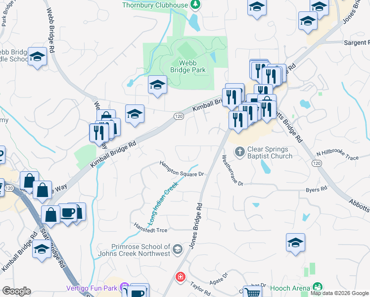 map of restaurants, bars, coffee shops, grocery stores, and more near 4785 Weathervane Drive in Alpharetta