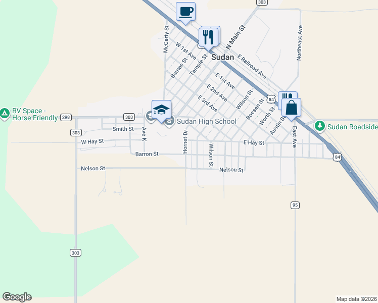 map of restaurants, bars, coffee shops, grocery stores, and more near 800 Hornet Drive in Sudan