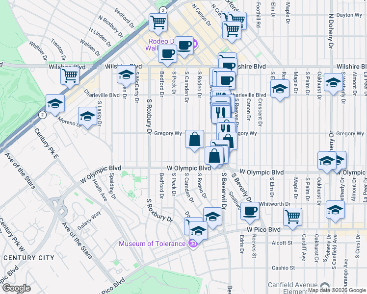 map of restaurants, bars, coffee shops, grocery stores, and more near 341 South Camden Drive in Beverly Hills