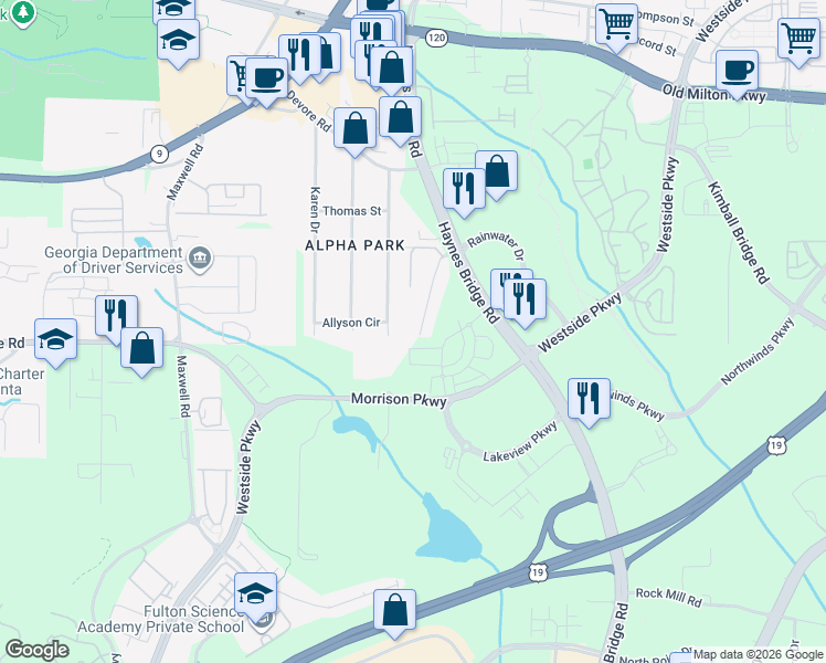 map of restaurants, bars, coffee shops, grocery stores, and more near 530 Jon Scott Drive in Alpharetta