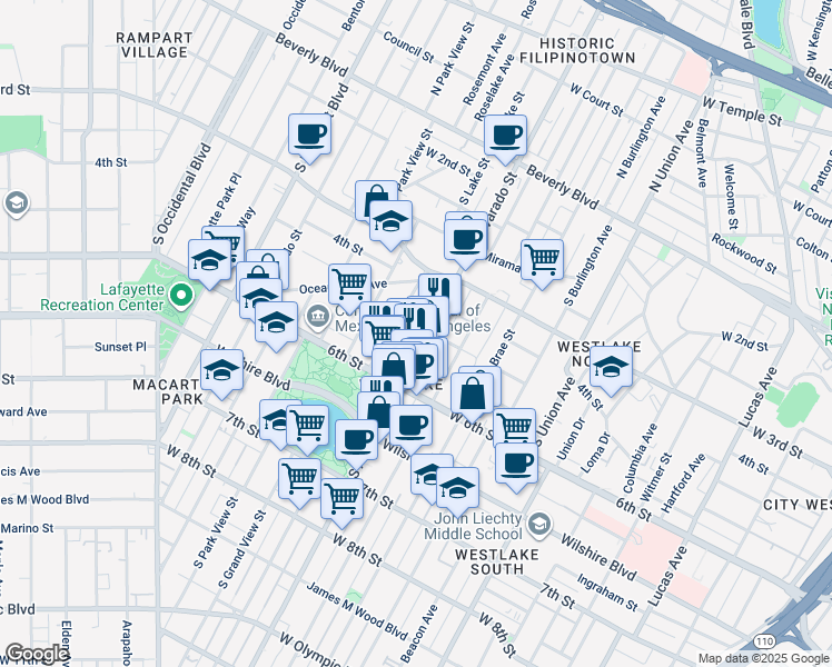 map of restaurants, bars, coffee shops, grocery stores, and more near 409 South Alvarado Street in Los Angeles