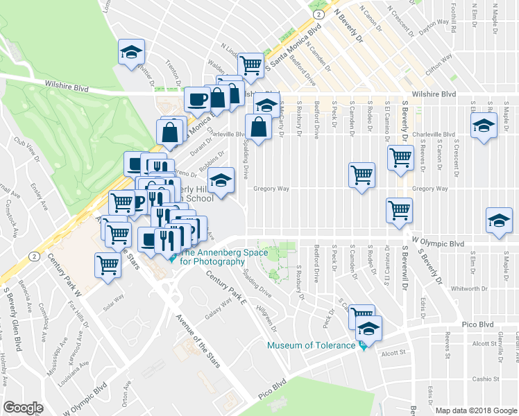 map of restaurants, bars, coffee shops, grocery stores, and more near 321 South Linden Drive in Beverly Hills