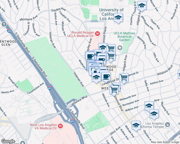 map of restaurants, bars, coffee shops, grocery stores, and more near 1059 Weyburn Place in Los Angeles