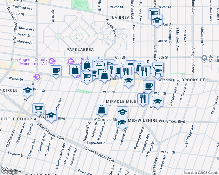 map of restaurants, bars, coffee shops, grocery stores, and more near 740 Ridgeley Drive in Los Angeles