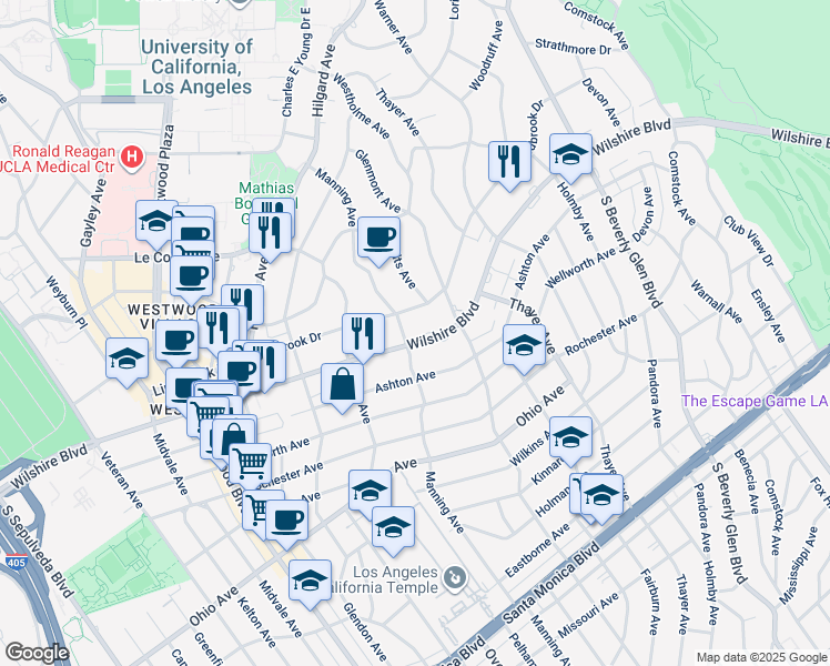 map of restaurants, bars, coffee shops, grocery stores, and more near 10655 Wilshire Boulevard in Los Angeles