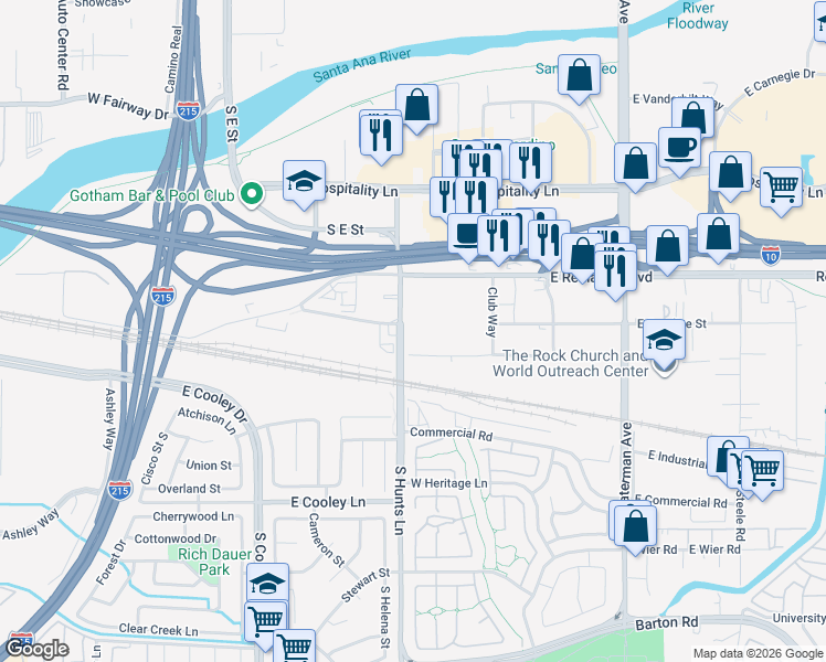 map of restaurants, bars, coffee shops, grocery stores, and more near 2211 South Hunts Lane in San Bernardino