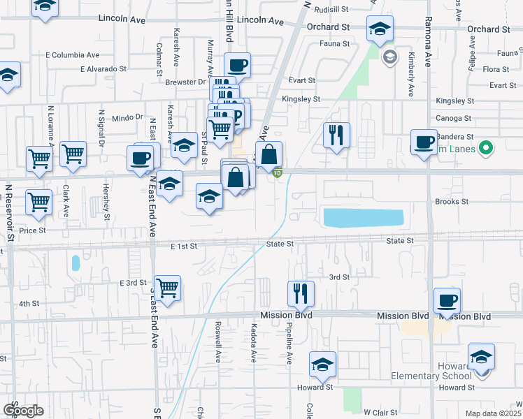 map of restaurants, bars, coffee shops, grocery stores, and more near 10593 South Mills Avenue in Montclair