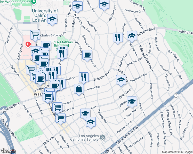 map of restaurants, bars, coffee shops, grocery stores, and more near 10648 Lindbrook Drive in Los Angeles