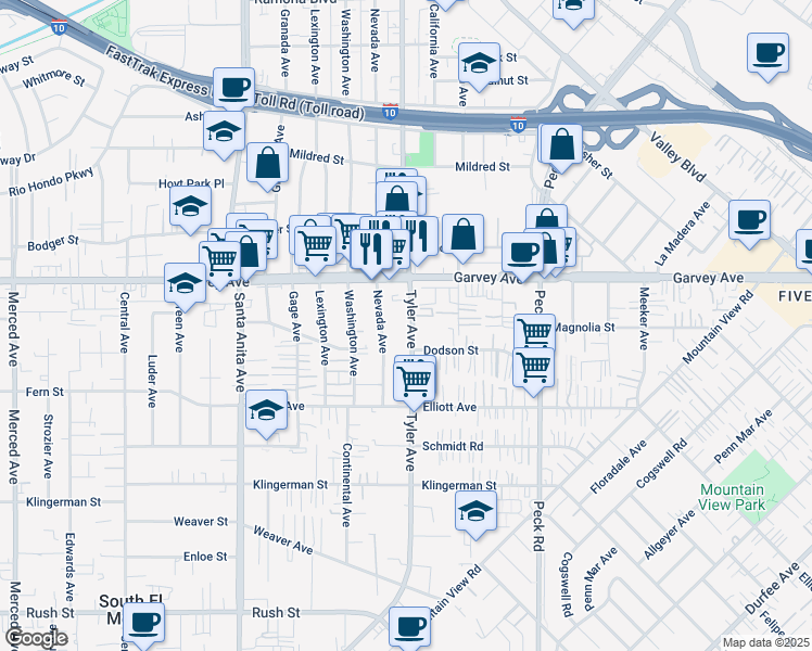 map of restaurants, bars, coffee shops, grocery stores, and more near 2723 Tyler Avenue in El Monte