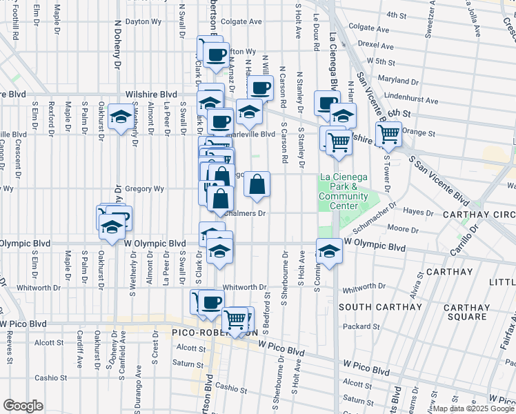 map of restaurants, bars, coffee shops, grocery stores, and more near 819 1/2 South Shenandoah Street in Los Angeles