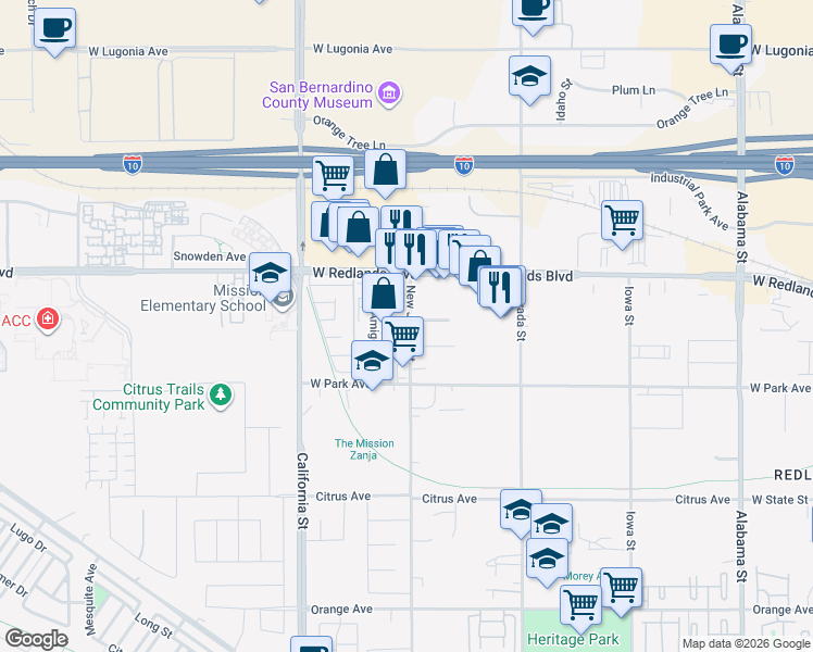 map of restaurants, bars, coffee shops, grocery stores, and more near 575 New Jersey Street in Redlands