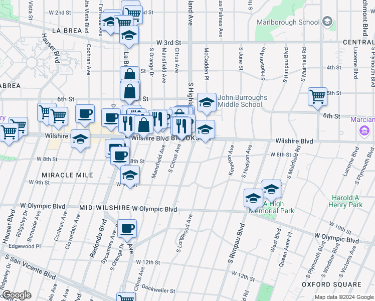 map of restaurants, bars, coffee shops, grocery stores, and more near 729 South Highland Avenue in Los Angeles