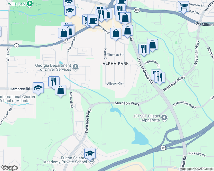 map of restaurants, bars, coffee shops, grocery stores, and more near 477 Allyson Circle in Alpharetta