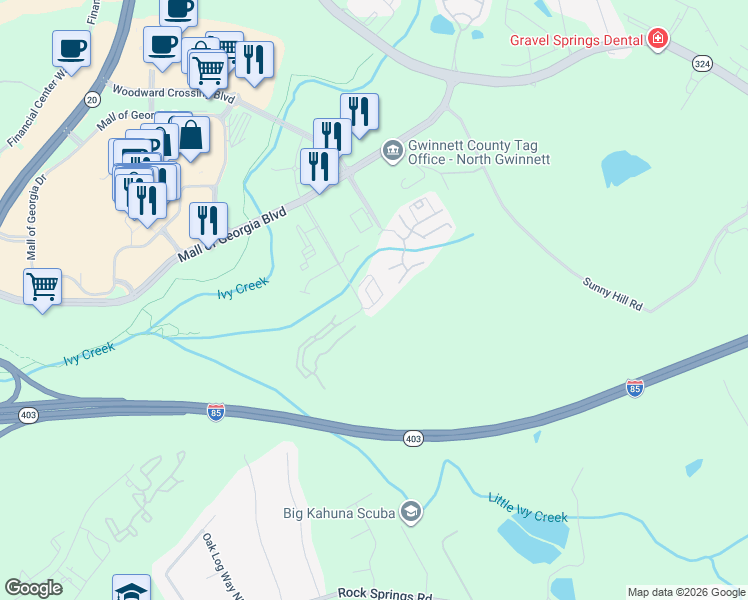 map of restaurants, bars, coffee shops, grocery stores, and more near 2120 Appaloosa Mill Circle Northeast in Buford